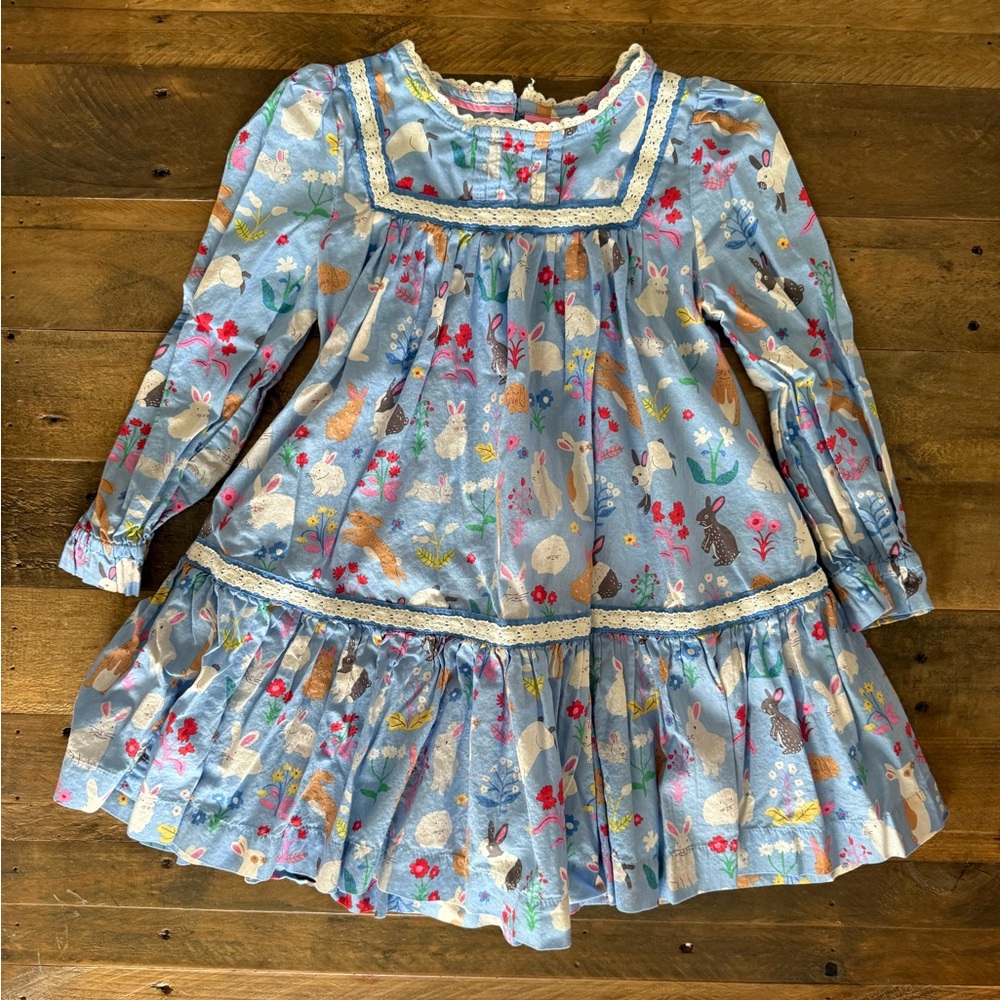 Mini Boden - Lace Trim Woven Dress - Blue Bunnies, 3-4y